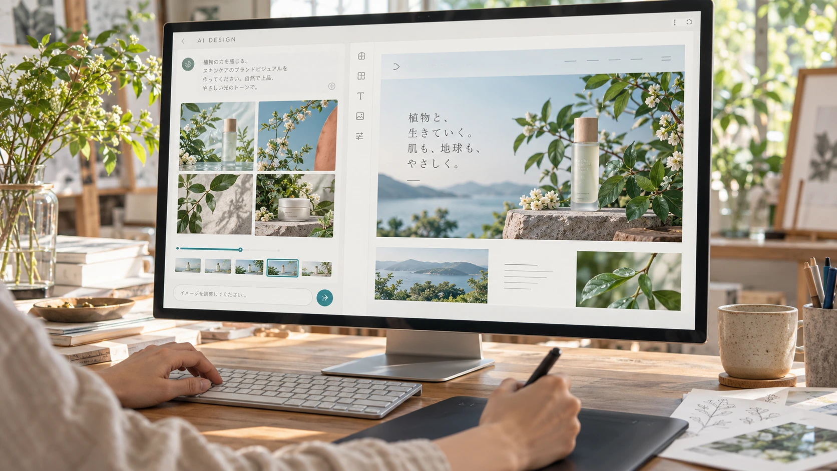AIで生成した案を比較し、デザインを磨いていく制作のイメージ